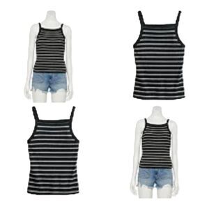 So Basic Tank Top Classic Striped Junior Square Neck Sleeveles Black White Small